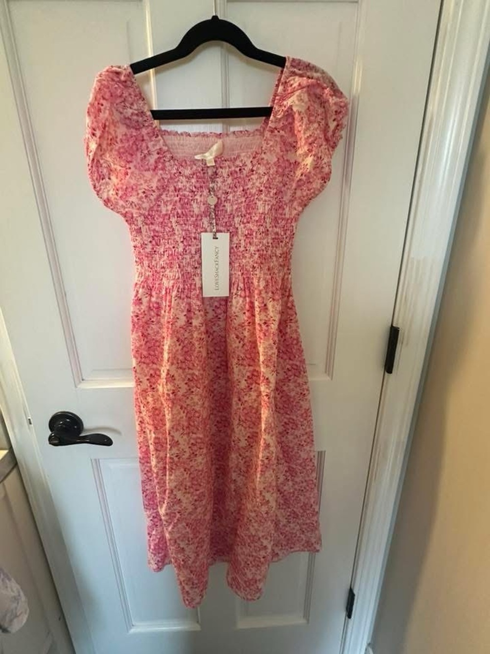 LoveShackFancy Pink Floral Smocked Midi Dress
